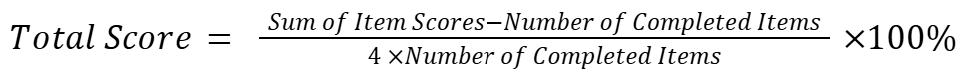 Mathematical formula for TESS (Toronto Extremity Salvage Score): (Sum of Item Scores minus Number of Completed Items) divided by (4 times Number of Completed Items), multiplied by 100%.