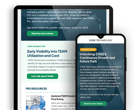 A tablet and a smartphone display sections of a healthcare-related website, featuring articles about TEAM utilization, cost, and CODEs continuous growth, with green call-to-action buttons and a Newsletter Signup option visible on both screens.