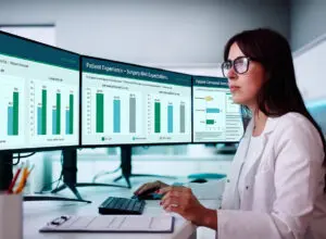 A woman in a white lab coat and glasses sits at a desk, analyzing patient experience data related to the CJR model on multiple computer monitors displaying charts and graphs in a modern office.