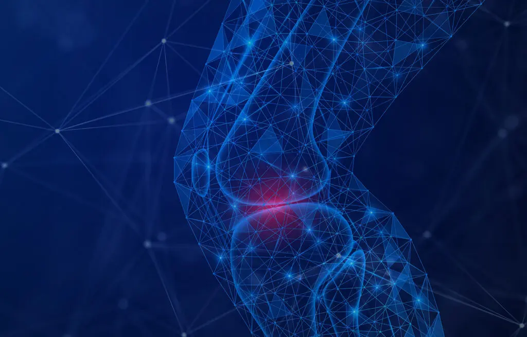 Digital illustration of a human knee joint formed by blue interconnected lines and dots, with a red glow at the center suggesting pain or inflammation. The dark blue background features abstract network patterns, symbolizing CODE updates in hospitals and AAOS Registry Specification Changes.
