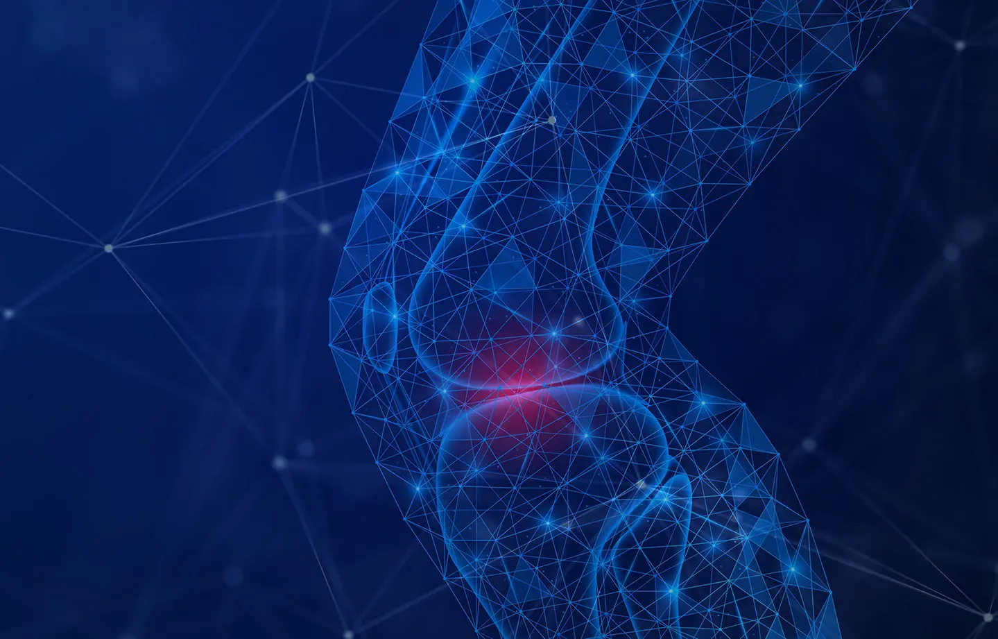Digital illustration of a human knee joint formed by blue interconnected lines and dots, with a red glow at the center suggesting pain or inflammation. The dark blue background features abstract network patterns, symbolizing CODE updates in hospitals and AAOS Registry Specification Changes.