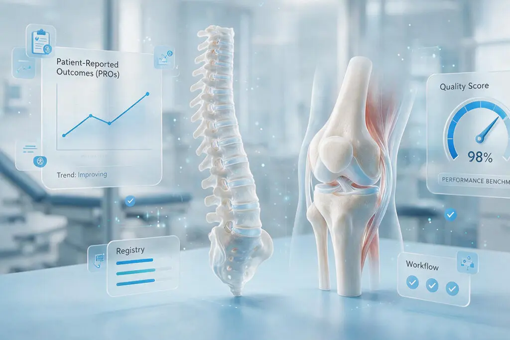 A digital image shows a spine and a knee joint model, surrounded by floating data graphics including charts, a quality score of 98%, and medical workflow icons in a clinical setting—highlighting adherence to Blue Distinction requirements for superior healthcare standards.