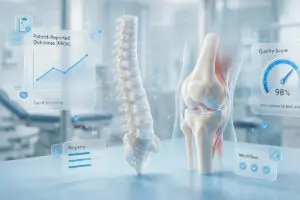 A digital image shows a spine and a knee joint model, surrounded by floating data graphics including charts, a quality score of 98%, and medical workflow icons in a clinical setting—highlighting adherence to Blue Distinction requirements for superior healthcare standards.