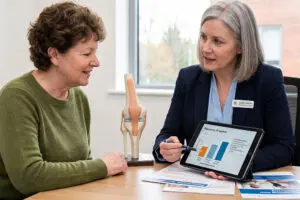 A doctor shows a recovery progress chart on a tablet to a patient, with a knee joint model on the table. Both are seated, discussing medical information in a bright office setting, focusing on results from the one-year PROMs survey to track patient recovery after surgery.