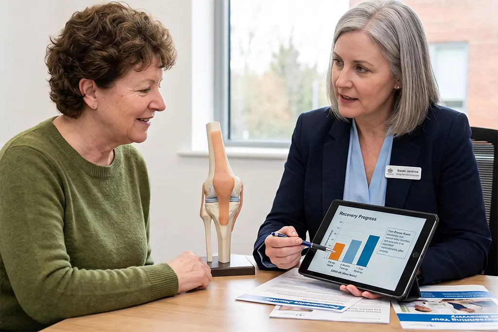 A doctor shows a recovery progress chart on a tablet to a patient, with a knee joint model on the table. Both are seated, discussing medical information in a bright office setting, focusing on results from the one-year PROMs survey to track patient recovery after surgery.