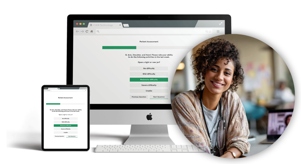 software-account-manager-1024x558 A desktop and tablet display a patient assessment form, highlighting seamless information transfer between devices. Beside them, a circular photo shows a smiling woman with curly hair, wearing a gray top, sitting indoors.