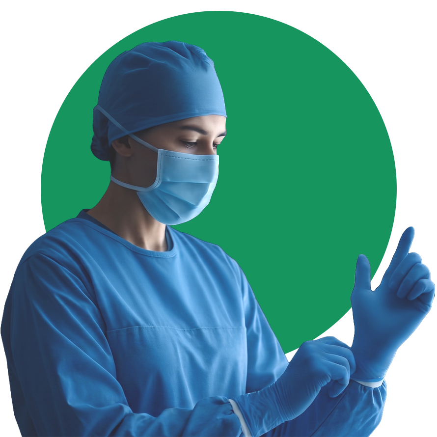 A person in blue surgical scrubs, mask, and cap puts on blue gloves, preparing for a procedure such as THA or TKA. A large green circle is in the background.