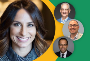 A large headshot of a smiling woman next to three smaller circular portraits of men for a CJR-X webinar on orthopedic value-based care.