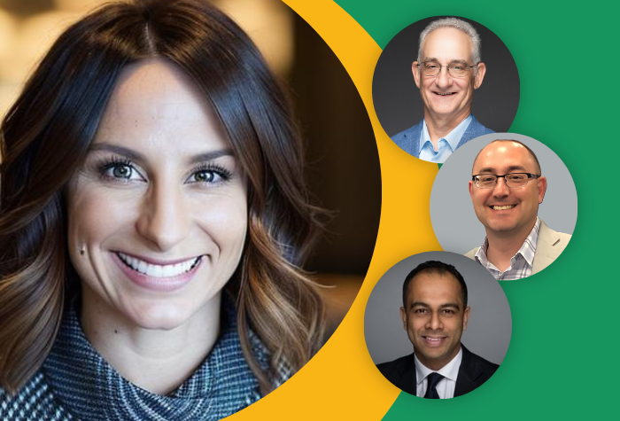 A large headshot of a smiling woman next to three smaller circular portraits of men for a CJR-X webinar on orthopedic value-based care.
