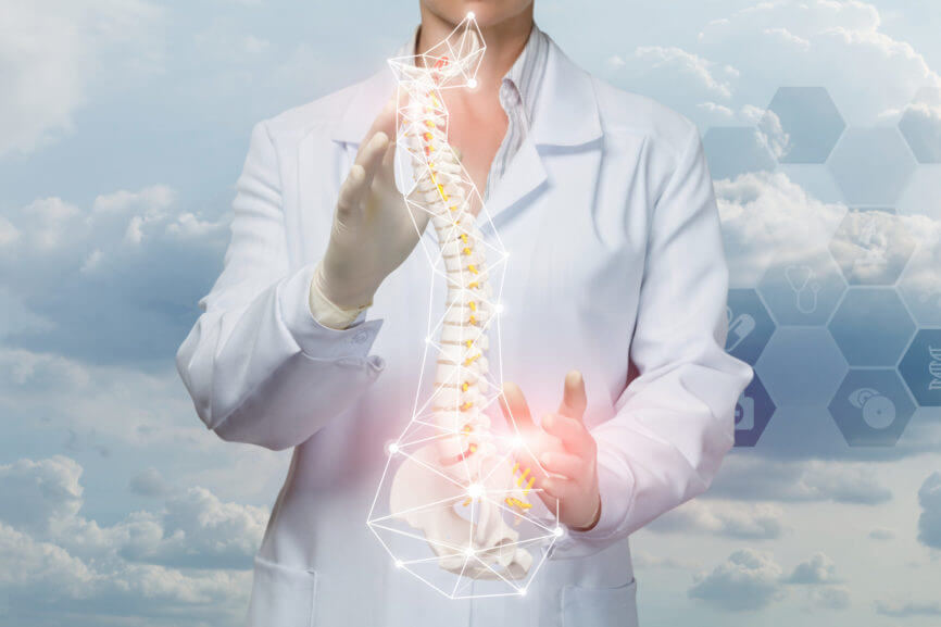 Doctor holding a 3D image of the spine