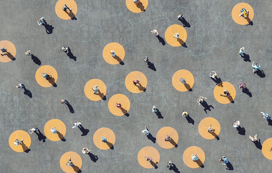 view of people on different colored dots
