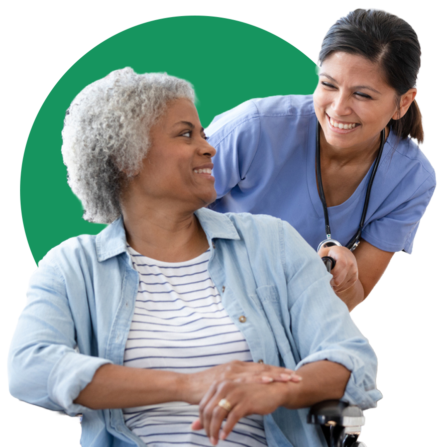 istock-1224859677-info-transfer.png A smiling nurse in blue scrubs stands behind a seated older woman with gray hair, both looking at each other and smiling. The sense of warmth is complemented by the subtle theme of information transfer between caregiver and patient. The background features a large green circle.