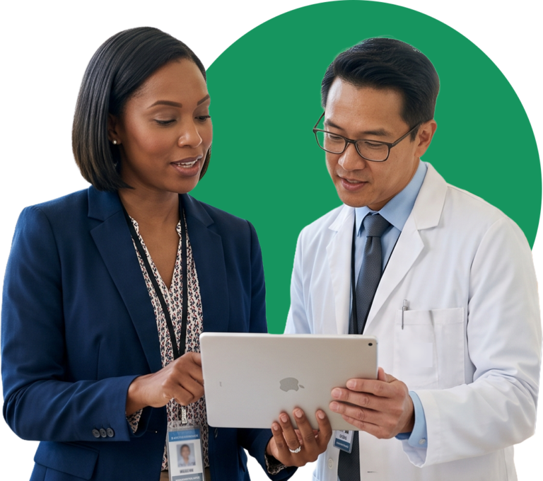 A woman in a navy blazer and a man in a white lab coat, both wearing ID badges, review information on a tablet—possibly exploring Fully-Managed PROMs solutions—set against a green circle in the background.