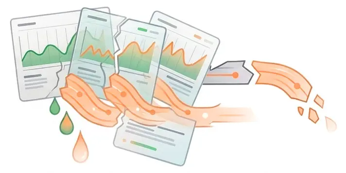 fragmented-data.jpg Illustration of torn charts and graphs with data lines and drops falling, symbolizing broken or disrupted Patient Reported Outcome data.
