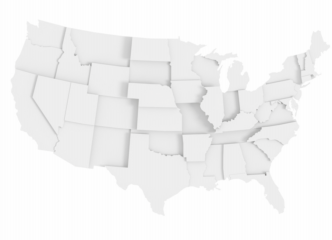 3D map of the contiguous United States showing all state borders. The map is white, with no labels, colors, or distinguishing features. States are separated by slightly raised outlines. The background is also white.