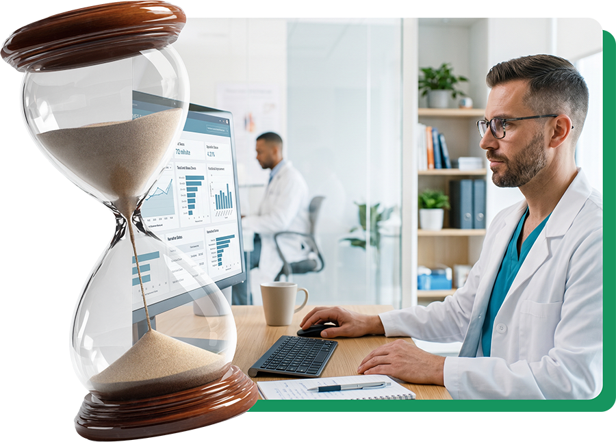 A doctor in a white coat works at a desk with medical charts on a computer screen, carefully reviewing patient-reported outcome measures (PROMs) to enhance healthcare decisions. In the foreground, there is a large hourglass with sand flowing, symbolizing the passage of time.