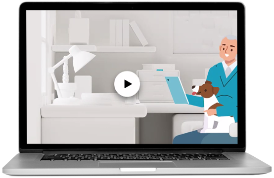 Illustration on a laptop screen showing a person holding a dog and a tablet, sitting at a desk with office supplies and a play button overlay in the center, representing Patient Reported Outcome tracking in a home office setting.